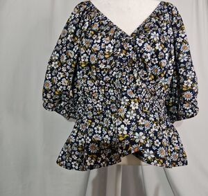 Old Navy Navy Floral Smocked Peplum Boho Blouse with Puff Sleeves Size XL
